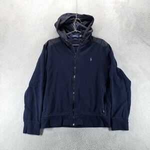 Polo Ralph Lauren Hoodie Mens L Blue Estate Rib Full Zip Nylon Panel Pony Logo